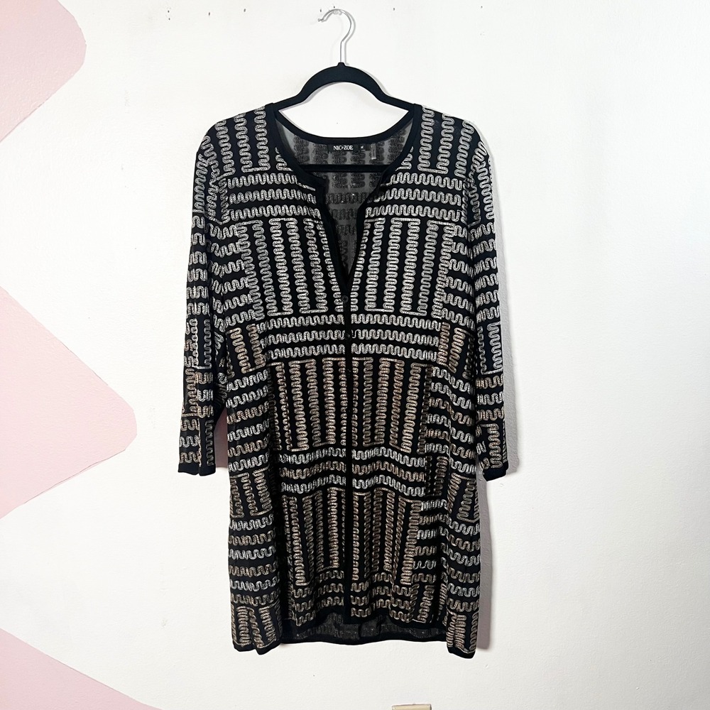NIC+ZOE Cardigan Womens XL Black Metallic Gold Sheer Geometric